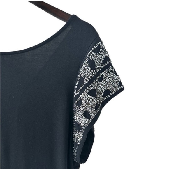 Bebe Black Sequin and Bead Embellished Short Sleeve Draped Back Top Size Small - Picture 3 of 7